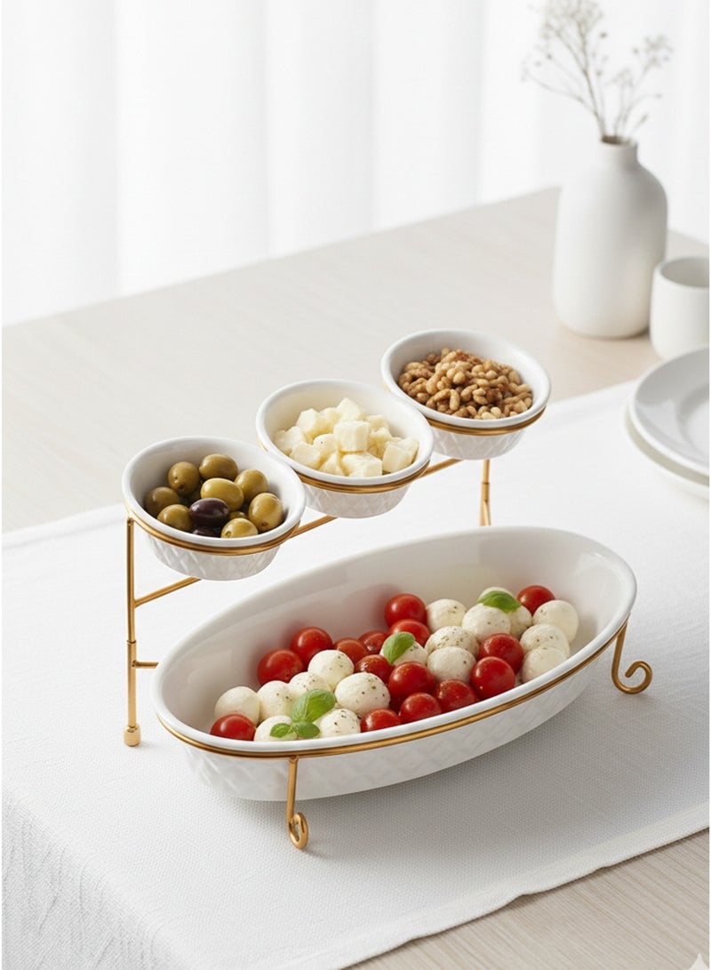 Shallow Porcelain 2-Tier Oval Serving Set - Gold Stand Rack - 3x 20cm and 1x 40cm - Image 4