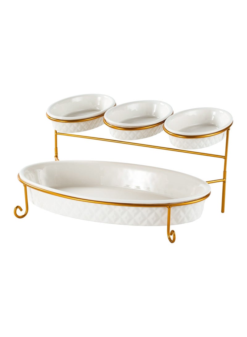 Shallow Porcelain 2-Tier Oval Serving Set - Gold Stand Rack - 3x 20cm and 1x 40cm - Image 2