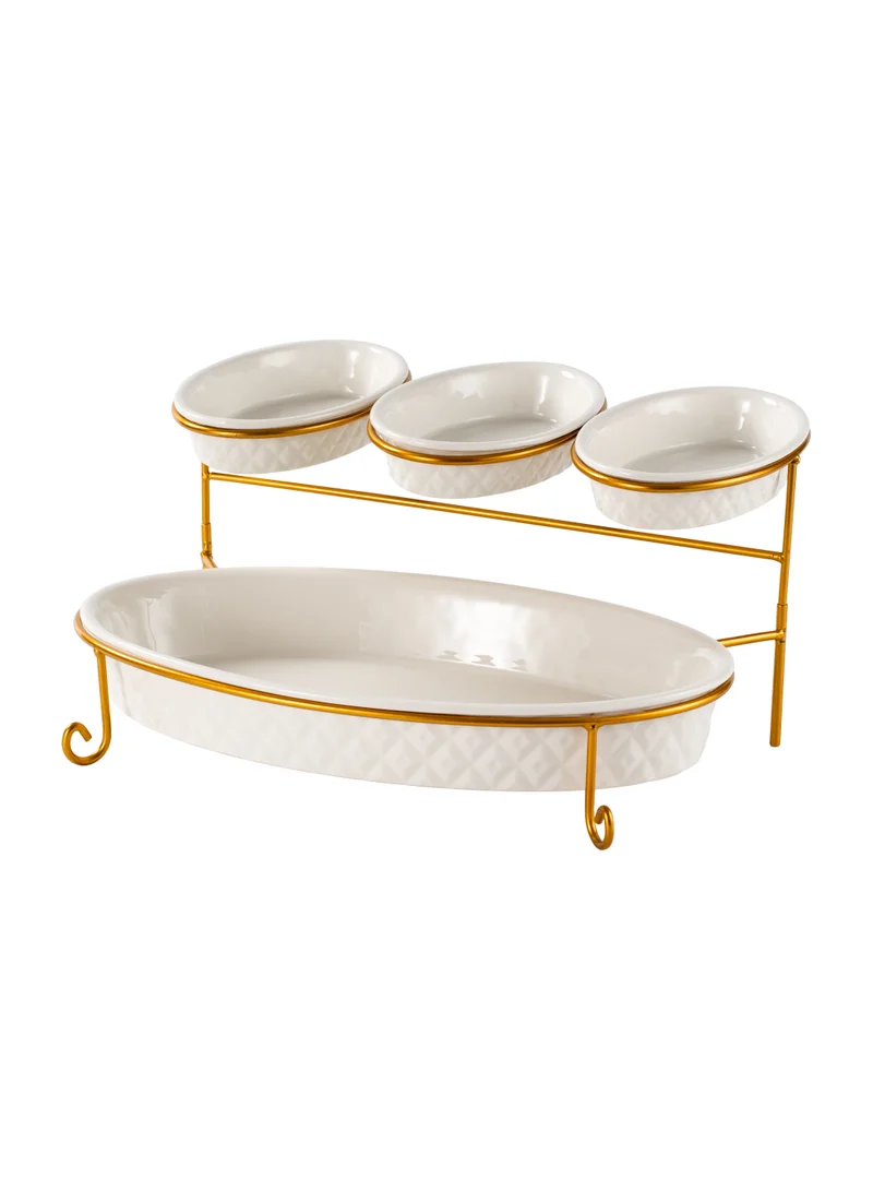 Shallow Shallow Porcelain 2-Tier Oval Serving Set - Gold Stand Rack - 3x 20cm and 1x 40cm