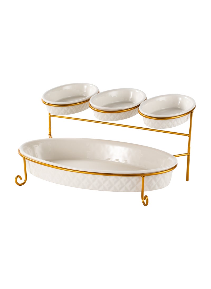 Shallow Shallow Porcelain 2-Tier Oval Serving Set - Gold Stand Rack - 3x 20cm and 1x 40cm  - Image 1