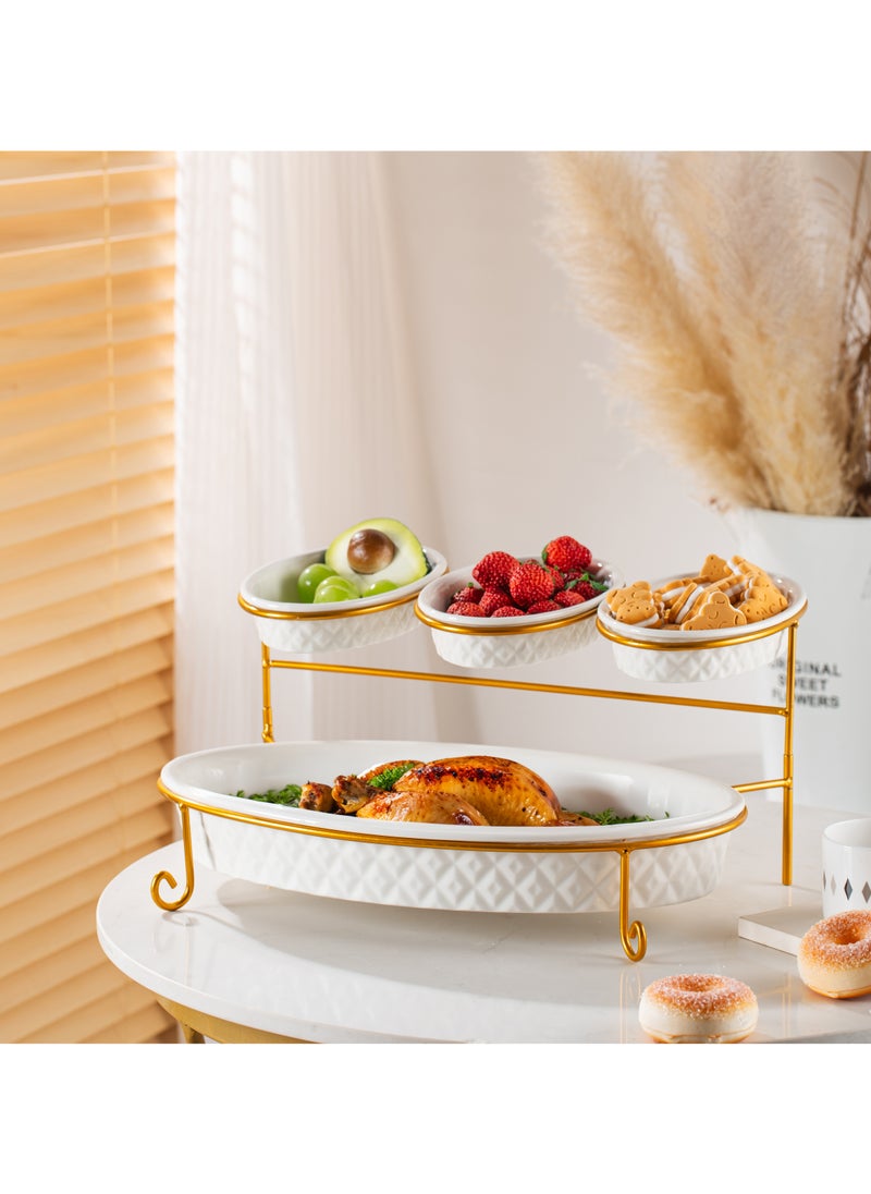 Shallow Shallow Porcelain 2-Tier Oval Serving Set - Gold Stand Rack - 3x 20cm and 1x 40cm  - Image 2