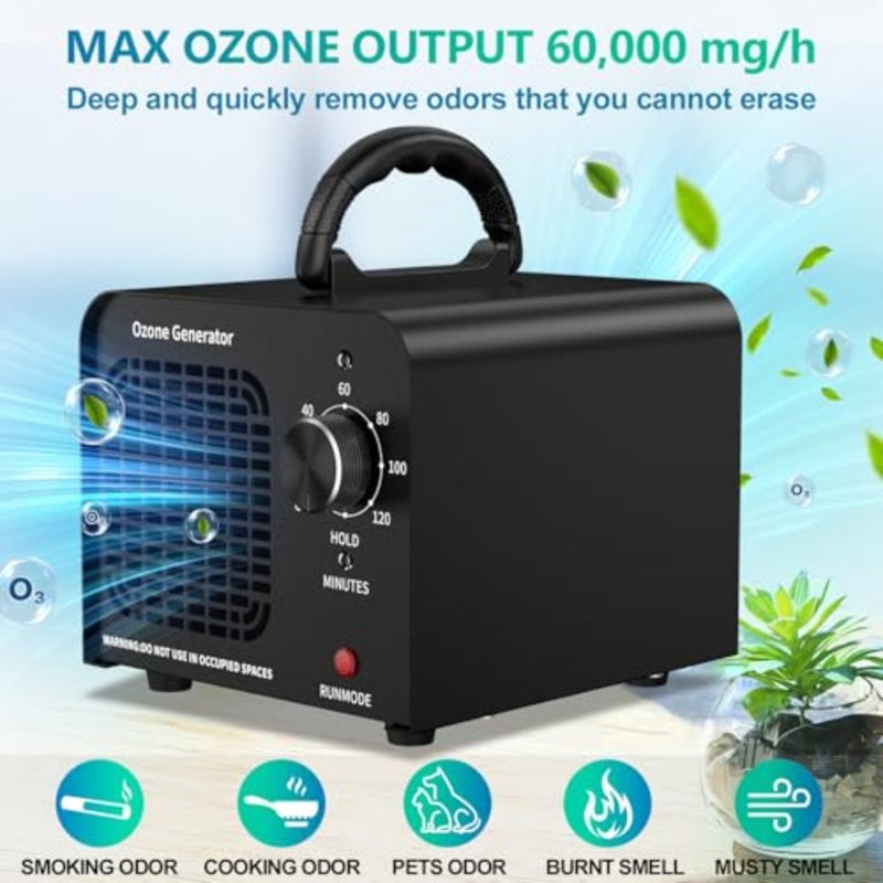 Ozone Generator 60000mg/h, Industrial/Home Ozone Machine, Odor Removal for Areas of 6, 000 Square Feet, High Capacity Odor Eliminator for Car, Rooms, Smoke, Pets, O3 Air Purifier Deodorizes Black - Image 2