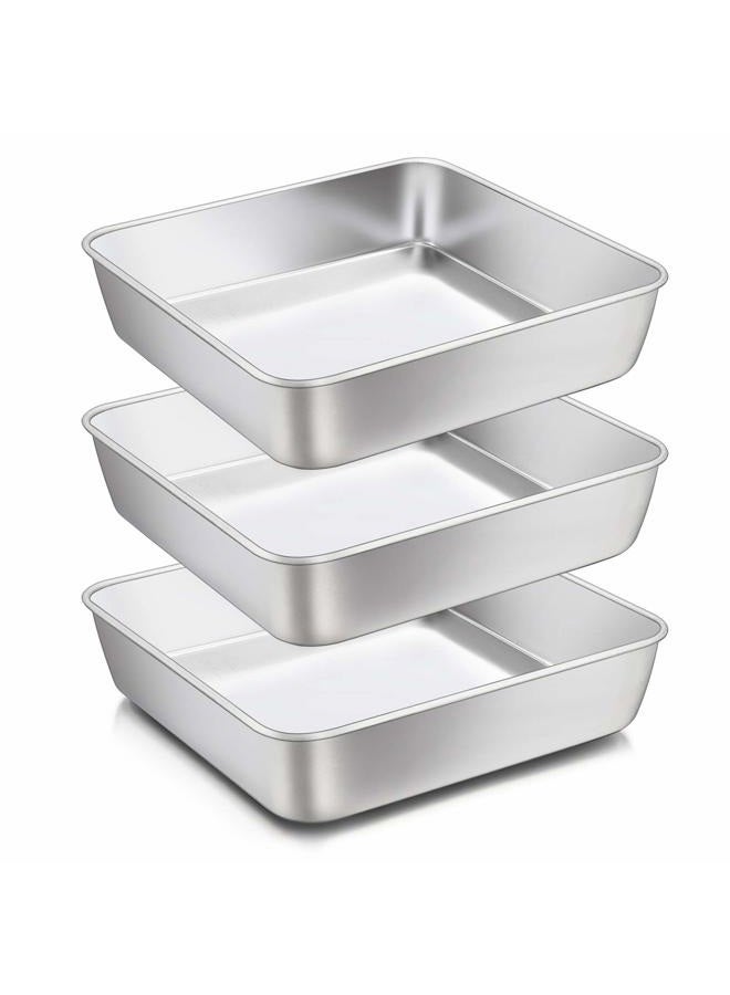 E-far 8 Inch Square Cake and Brownie Pan, Square Baking Pans Stainless Steel Bakeware Set of 3, Non-toxic & Healthy, Easy Clean & Dishwasher Safe - Image 1