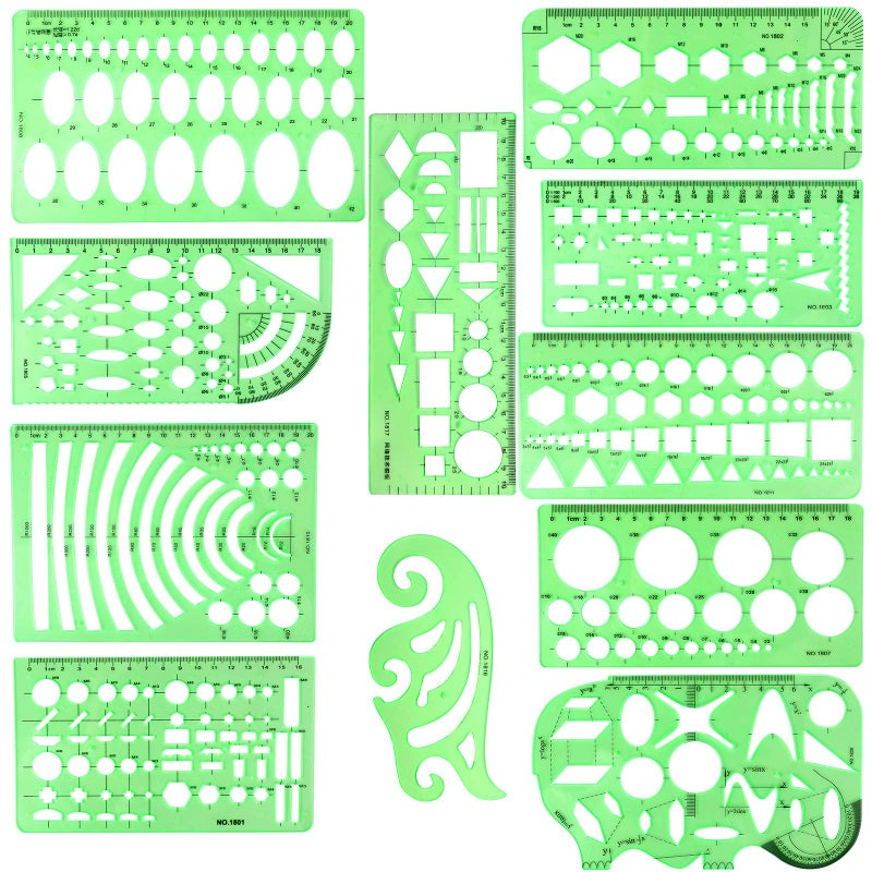 11PCS Geometric Drawings Templates Drafting Stencils Measuring Tools BetyBedy Plastic Clear Green Ruler Shapes with a Zipper Bags for Architecture Office Studying Designing and Building
