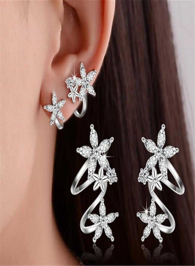 El Regalo Trandy & Graceful Elegant Flower Curved Ear-Clip Earrings- Cartilage Fashion Crawler Climber Cubic Zirconia Crystal Ear Cuff Stud Earrings For Women & Girl - Image 2