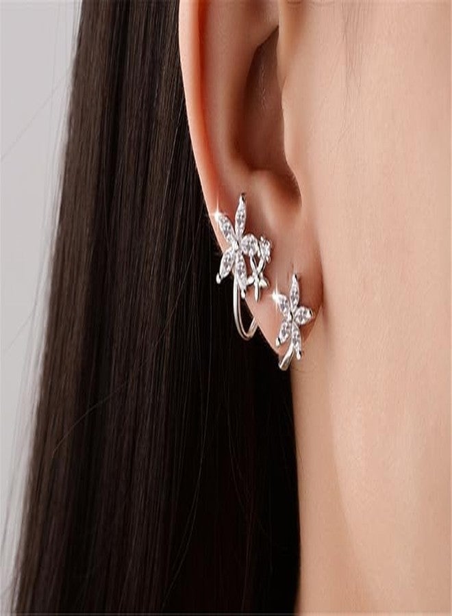 El Regalo Trandy & Graceful Elegant Flower Curved Ear-Clip Earrings- Cartilage Fashion Crawler Climber Cubic Zirconia Crystal Ear Cuff Stud Earrings For Women & Girl - Image 5
