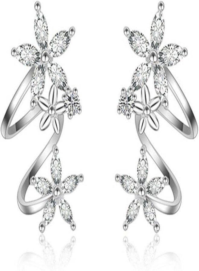 El Regalo Trandy & Graceful Elegant Flower Curved Ear-Clip Earrings- Cartilage Fashion Crawler Climber Cubic Zirconia Crystal Ear Cuff Stud Earrings For Women & Girl - Image 1