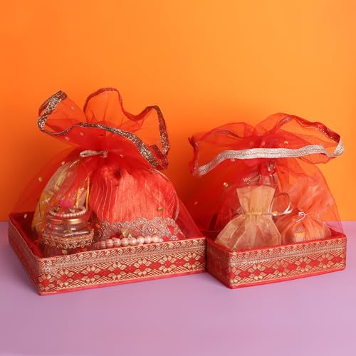 ekysa dekor MDF multipurpose fancy hamper Basket/Tray/Platter box with Tissue net - (20 * 20 * 5.5, 25 * 25 * 5.5 cm), Set of 2 - Image 1