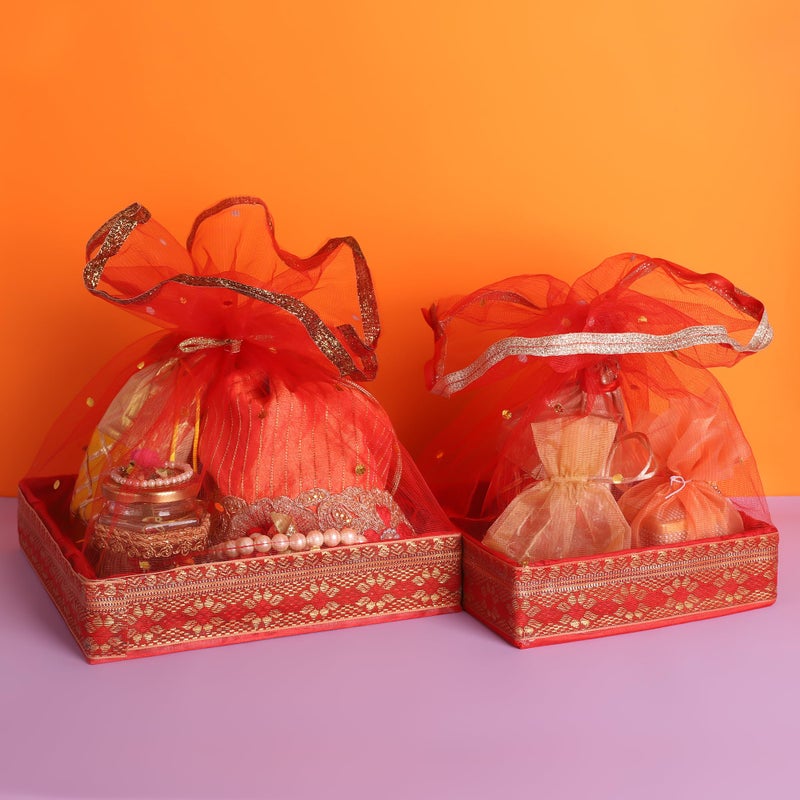 ekysa dekor MDF multipurpose fancy hamper Basket/Tray/Platter box with Tissue net - (20 * 20 * 5.5, 25 * 25 * 5.5 cm), Set of 2 - Image 5