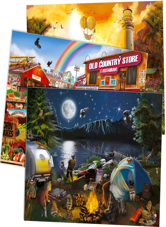 QUOKKA 1000 Piece Jigsaw Puzzle for Adults − Pack of Unique Adult Puzzles by − Enjoy Market, Lighthouse and Camping Designs for Women Men and Kids Ages 8-10-12 (Set of 3 Puzzles) - Image 1