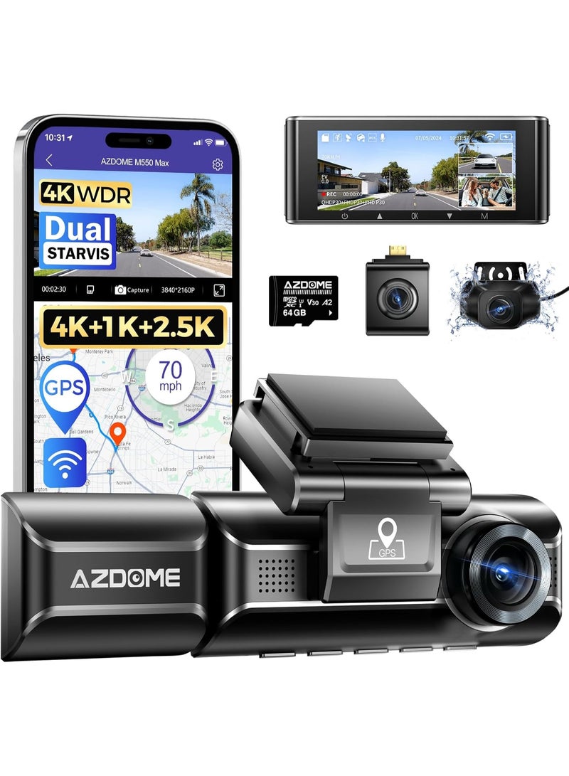 أزدوم داش كام AZDOME - M550MAX بدقة 4K، بثلاث عدسات لتصوير شامل، تدعم GPS وWi-Fi وBluetooth وتحكم صوتي، مع وضع وقوف السيارات للحماية والمراقبة المستمرة. - Image 1