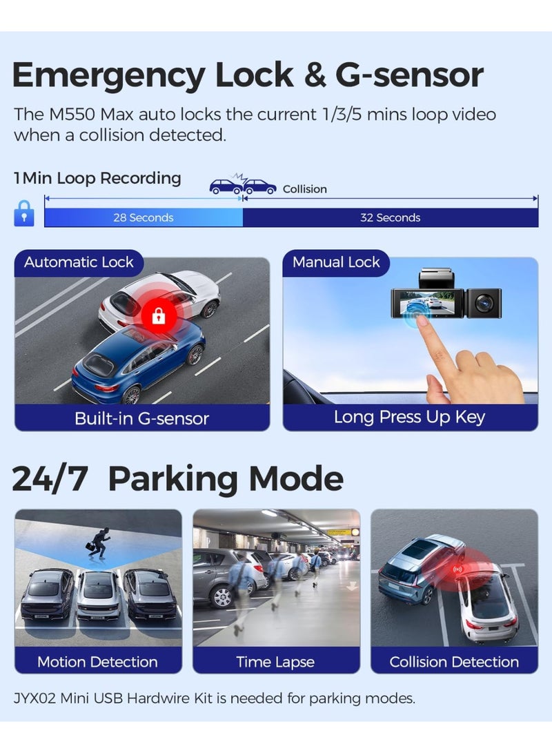أزدوم داش كام AZDOME - M550MAX بدقة 4K، بثلاث عدسات لتصوير شامل، تدعم GPS وWi-Fi وBluetooth وتحكم صوتي، مع وضع وقوف السيارات للحماية والمراقبة المستمرة. - Image 5