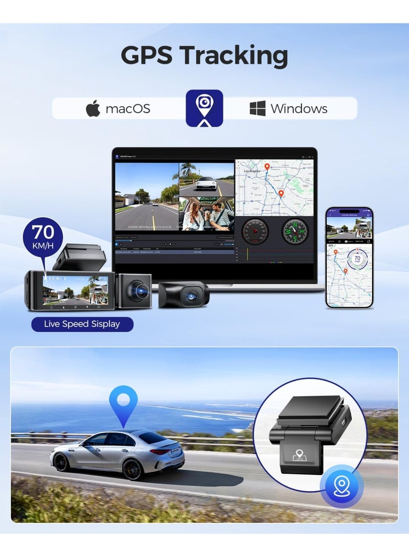 أزدوم داش كام AZDOME - M550MAX بدقة 4K، بثلاث عدسات لتصوير شامل، تدعم GPS وWi-Fi وBluetooth وتحكم صوتي، مع وضع وقوف السيارات للحماية والمراقبة المستمرة. - Image 4