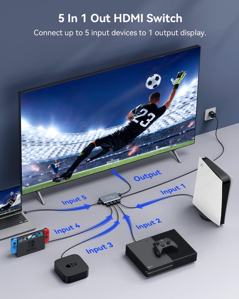 GANA HDMI Switch 5 in 1 Out 4K@60Hz, GANA HDMI Splitter Switcher with Remote, Aluminum HDMI 2.0 Switch Box Hub for 3D, HDCP2.2, HDR, Compatible with Xbox, PS5/4/3,Fire Stick,Roku,Blu-Ray Player - Image 2