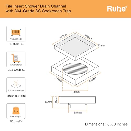 Ruhe® Tile Insert Floor Drain |8 x 8 Inches Waste Water Floor Drain for 13mm Tile | 304 Stainless Steel Invisible Shower Drain Channel with Stainless Steel Cockroach Trap - Image 2