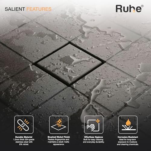 Ruhe® Tile Insert Floor Drain |8 x 8 Inches Waste Water Floor Drain for 13mm Tile | 304 Stainless Steel Invisible Shower Drain Channel with Stainless Steel Cockroach Trap - Image 3