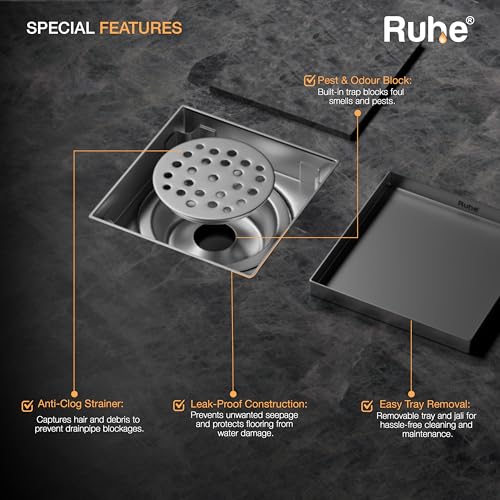 Ruhe® Tile Insert Floor Drain |8 x 8 Inches Waste Water Floor Drain for 13mm Tile | 304 Stainless Steel Invisible Shower Drain Channel with Stainless Steel Cockroach Trap - Image 5