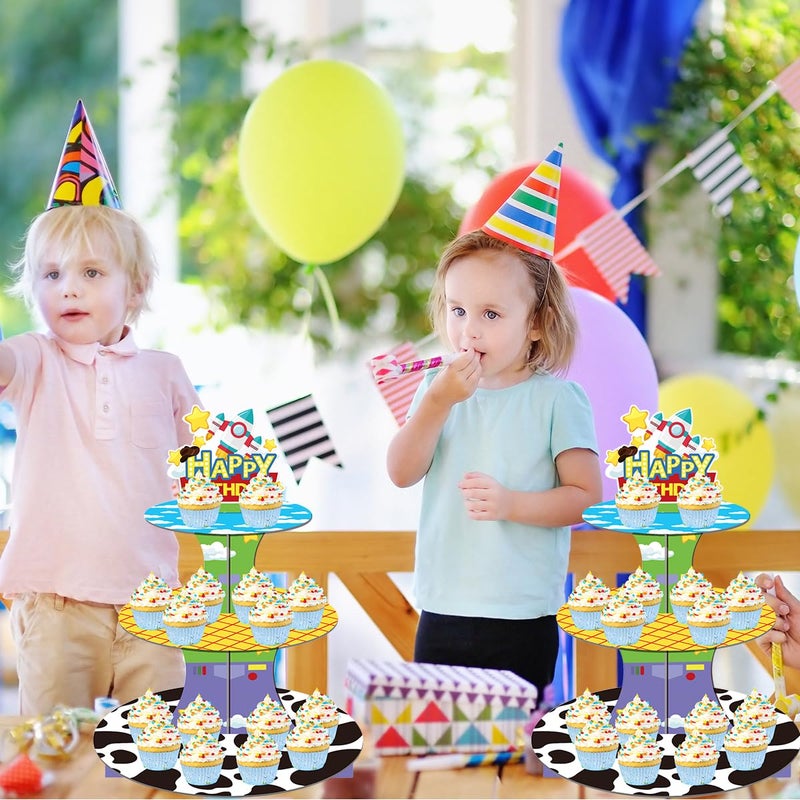 OULUN Cartoon Toy Inspired Story Cupcake Stand 12Inch Cardboard Cupcake Tray for Wedding Birthday Baby Shower Blue Sky White Clouds Birthday Party Supplies (Toy) - Image 3