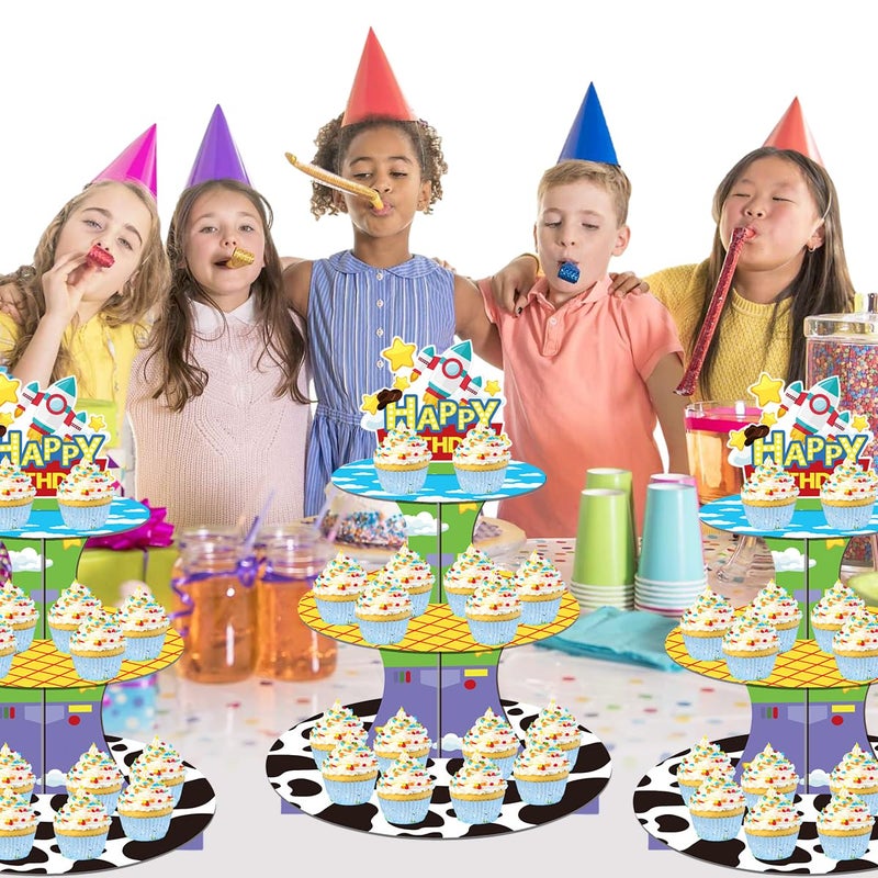 OULUN Cartoon Toy Inspired Story Cupcake Stand 12Inch Cardboard Cupcake Tray for Wedding Birthday Baby Shower Blue Sky White Clouds Birthday Party Supplies (Toy) - Image 4