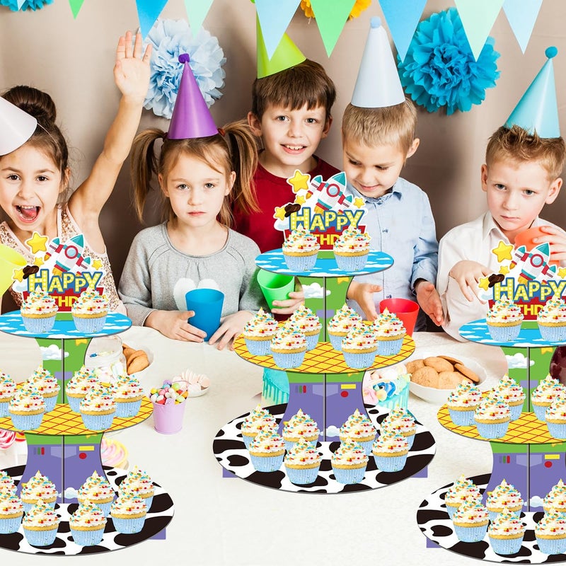 OULUN Cartoon Toy Inspired Story Cupcake Stand 12Inch Cardboard Cupcake Tray for Wedding Birthday Baby Shower Blue Sky White Clouds Birthday Party Supplies (Toy) - Image 2