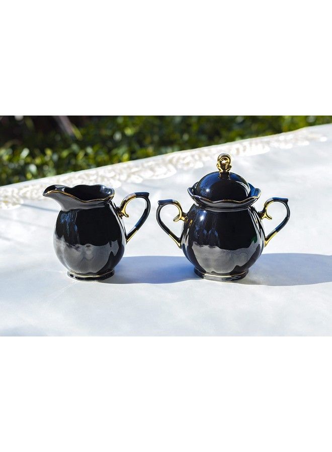 Grace Teaware Black Gold Scallop Fine Porcelain Sugar And Creamer Set - Image 3