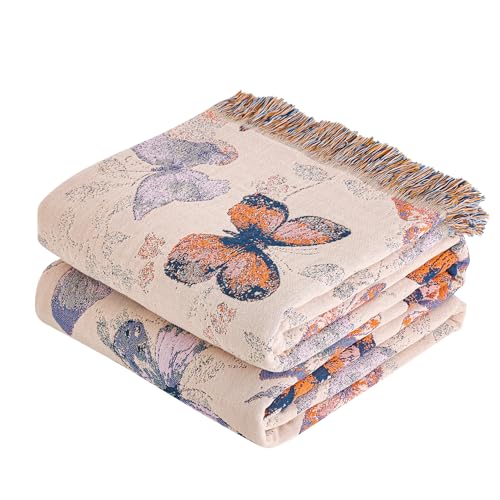 VANJOROY Boho Throw Blanket 100 Organic Cotton Breathable Ultra Soft 60 x 80 Bed Quilt Throw All Season Floral Rustic Farmhouse Decor Luxury Reversible Blanket for Sofa Couch Chair and Gift - Image 1