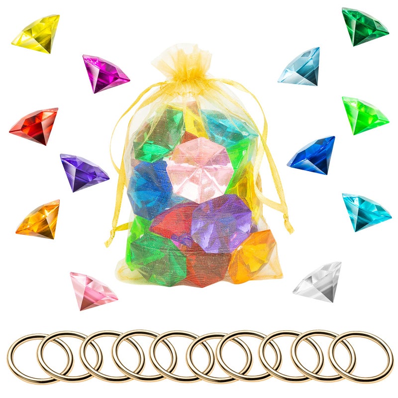 PANTIDE 35Pcs Acrylic Diamond Gems Jewels Alloy Gold Round Ring Set the Blue Hedgehog Chaos Emeralds Power Rings Party Favor Supplies Cake Decoration Pirate Treasure Chest Hunt with Bag - Image 1