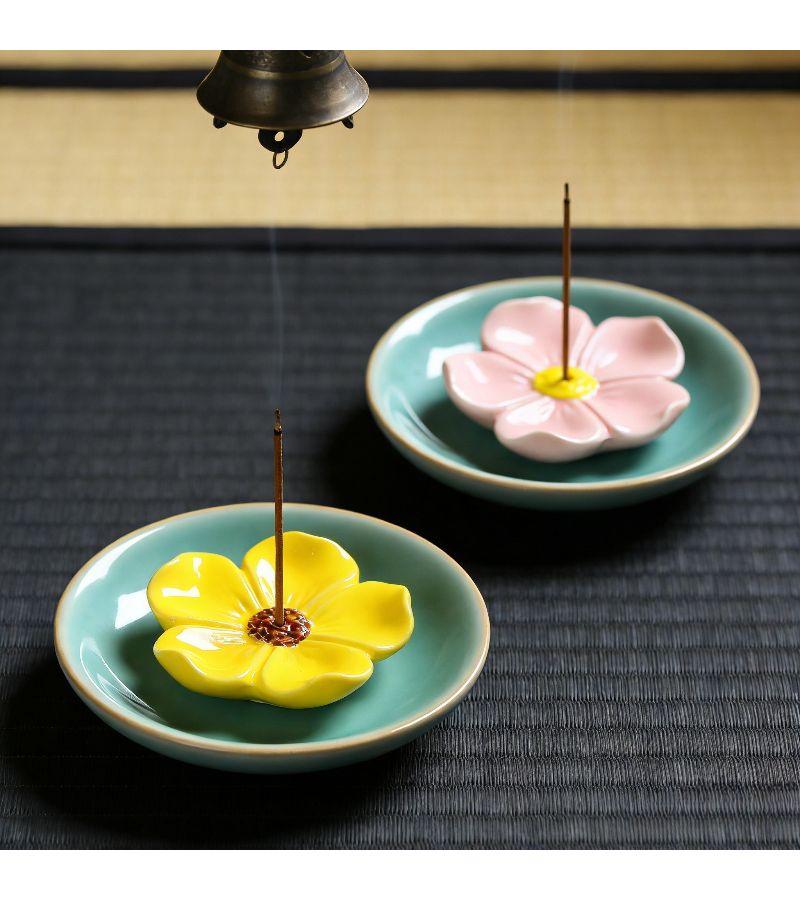 2 Piece Handmade Pink Ceramic Incense Holders Cherry Blossom Lotus Design for Meditation Relaxation - Image 1