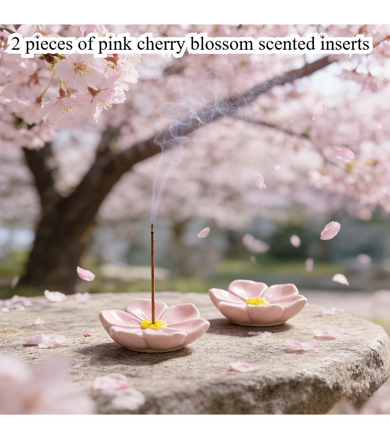 2 Piece Handmade Pink Ceramic Incense Holders Cherry Blossom Lotus Design for Meditation Relaxation - Image 4
