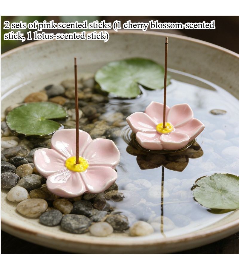 2 Piece Handmade Pink Ceramic Incense Holders Cherry Blossom Lotus Design for Meditation Relaxation - Image 5