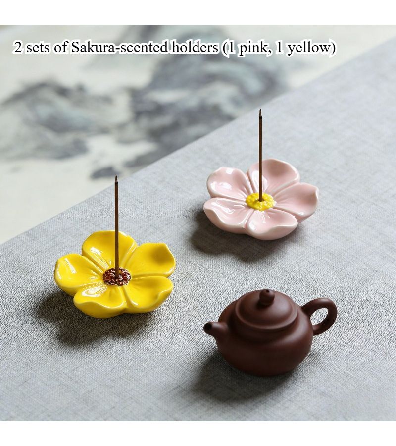 2 Piece Handmade Pink Ceramic Incense Holders Cherry Blossom Lotus Design for Meditation Relaxation - Image 2