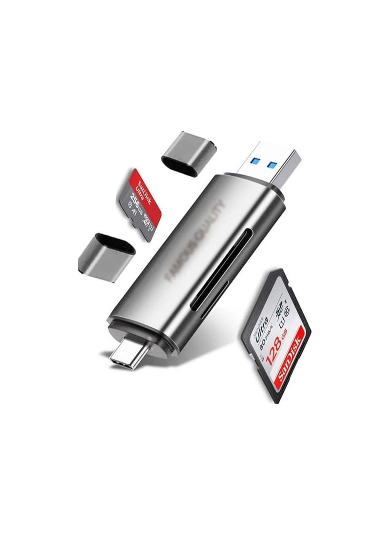 Famous Quality Famous Quality® 3-in-1 USB 3.0, USB C, Micro USB Card Reader SD, Micro SDXC Memory Card Reader for MacBook PC Tablets Smartphones (Silver)  - Image 1