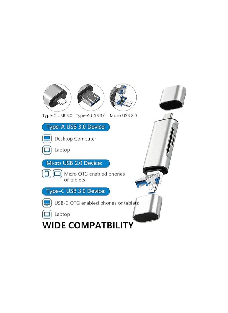Famous Quality Famous Quality® 3-in-1 USB 3.0, USB C, Micro USB Card Reader SD, Micro SDXC Memory Card Reader for MacBook PC Tablets Smartphones (Silver)  - Image 2