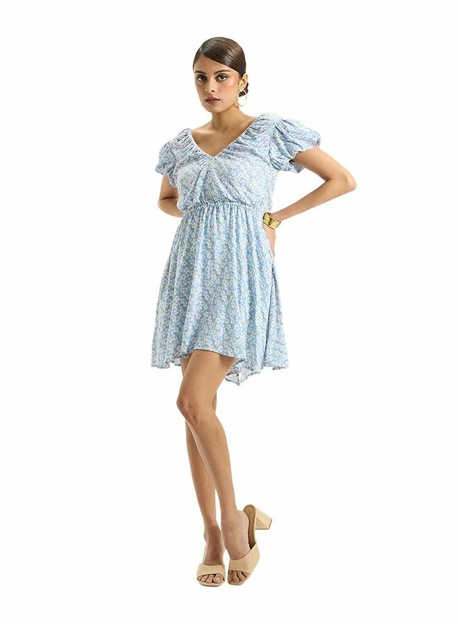 فيرجيو فستان قصير فيرجيو بنقشة الزهور الزرقاء من الفيسكوز 100%