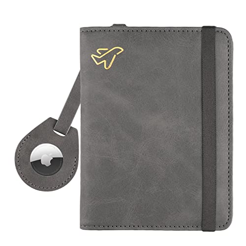 WALNEW AirTag Passport Holder, PU Leather Airtag Wallet RFID Blocking Passport Cover Travel Essentials Case for Women Men (Gray) - Image 1