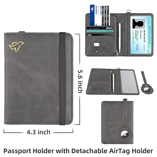 WALNEW AirTag Passport Holder, PU Leather Airtag Wallet RFID Blocking Passport Cover Travel Essentials Case for Women Men (Gray) - Image 4