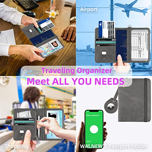 WALNEW AirTag Passport Holder, PU Leather Airtag Wallet RFID Blocking Passport Cover Travel Essentials Case for Women Men (Gray) - Image 3