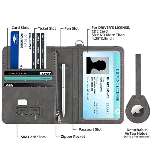 WALNEW AirTag Passport Holder, PU Leather Airtag Wallet RFID Blocking Passport Cover Travel Essentials Case for Women Men (Gray) - Image 2