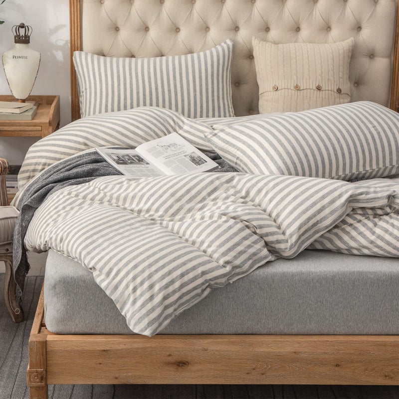 PURE ERA Jersey Knit Duvet Cover Set 100 TShirt Heather Cotton Super Soft Comfy Classic Striped Design with Zipper Closure Grey  White Stripe Queen