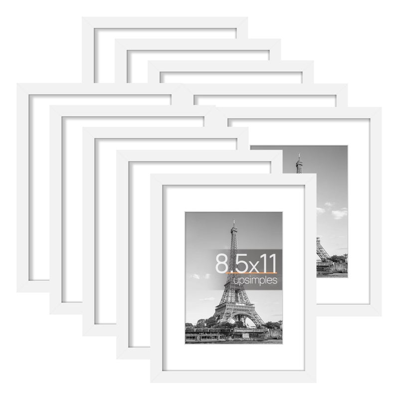 upsimples upsimples 8.5x11 Picture Frame Set of 10  Display Pictures 6x8 with Mat or 8.5x11 without Mat  Multi Photo Frames Collage for Wall or Tabletop Display  Real Glass  White - Image 1