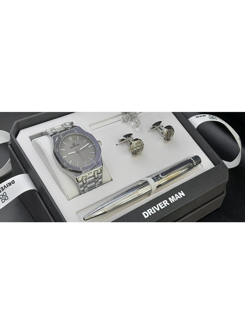 مجموعة هدايا رجالية  تتضمن ساعة يد، وقلمًا، وأزرار أكمام (كبك) مع سبحة  بتصميم متناسق.