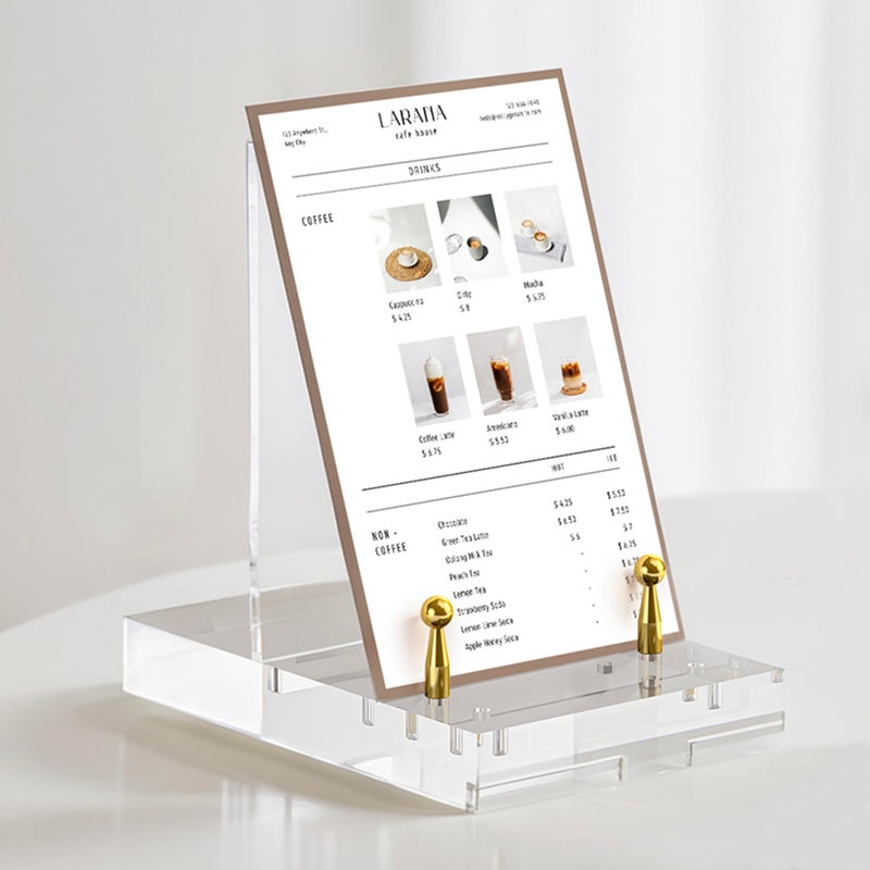 CRMPro Acrylic Easel Display Stand, Clear Table Easel Picture Frame Holder with Adjustable Tilt, Perfect for Phones, Art, Weddings, Office & Home Décor, Gold-1P - Image 1