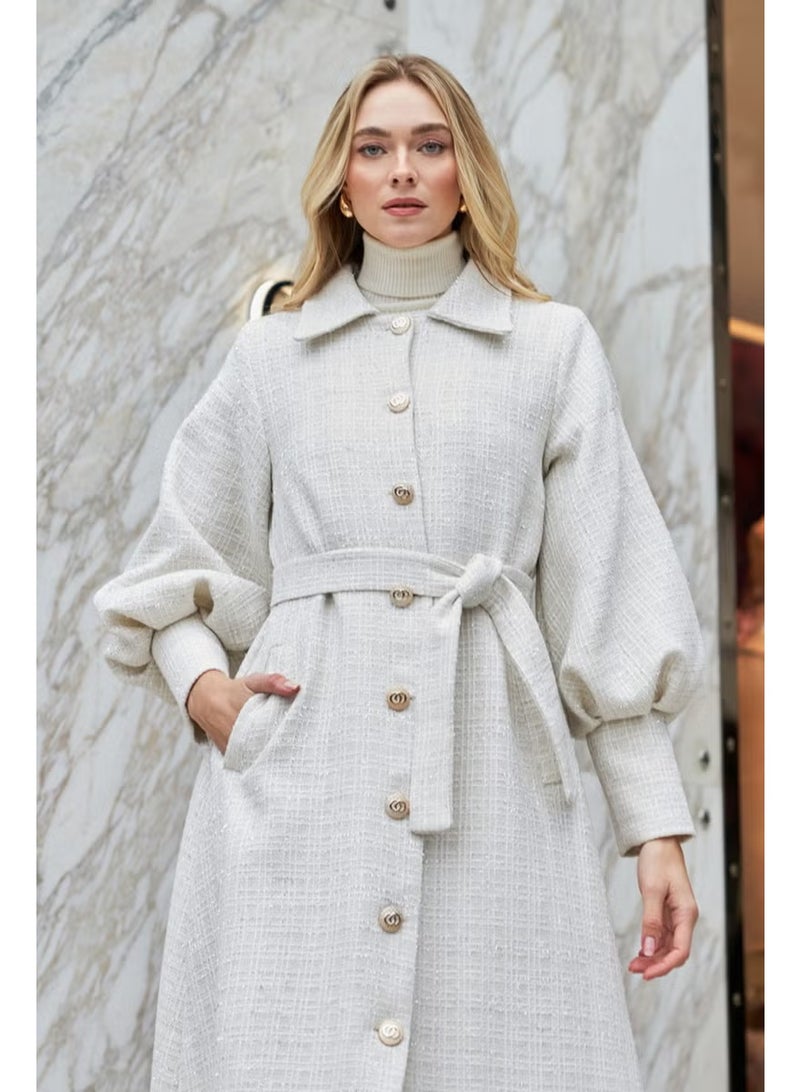Vavinor Balloon Sleeve Belted Coat - Ecru - Image 2