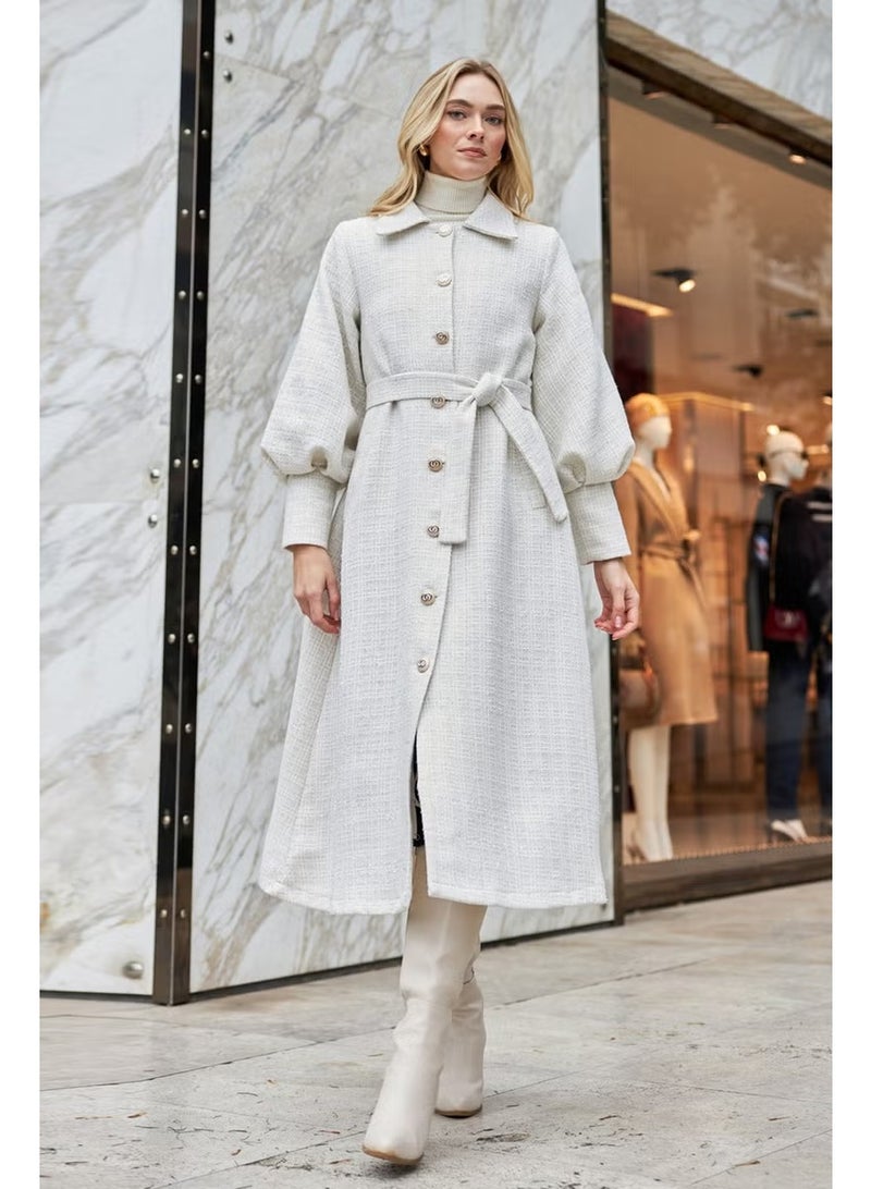 Vavinor Balloon Sleeve Belted Coat - Ecru - Image 1