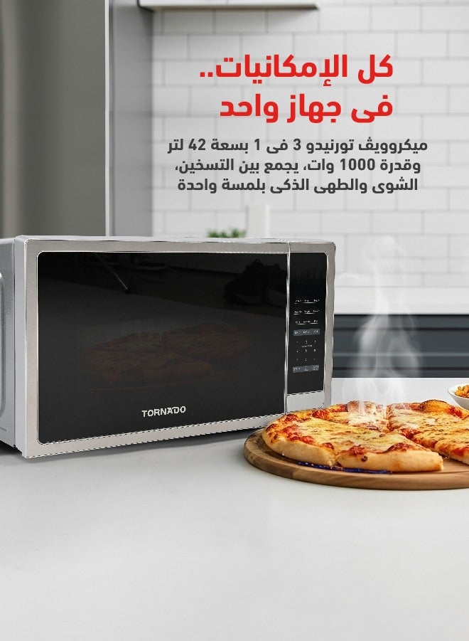 Tornado 42 Liters Digital Microwave Oven 3 in 1 with Grill function 10 Power Levels, 1000W, Touch Control panel, Child-Safety-Lock, Defrost Function, 8 Auto cooking function, Silver, TWDG-42-S-S - Image 1