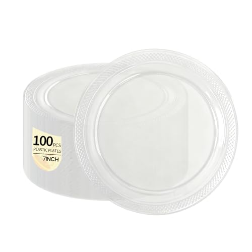 LDFDRT Clear Plastic Plates 100 pcs Party Dessert Dinner Plates Disposable Heavy Duty for Party,Wedding,Valentines (7inch) - Image 1