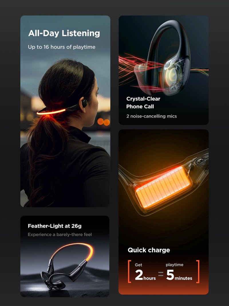 HAKII Light 2 Open Ear Headphones, IPX5 Running Headphone with 180Â° Ultra-Bright Beacon String, BT 6.0, 16H Playtime, Air Conduction Headphones Open Ear Earbuds for Fitness, Cycling, Outdoor - Orange - Image 5