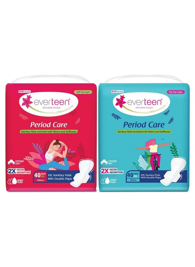 everteen - Period Care Xxl Soft And Xxl Dry Neem-Safflower Sanitary Pads For Women - 80 Pads, Rash Free, Anti Tan, Double Wing Shape, Xx Large, 320Mm - 2 Pack (40 Pads Each, 320Mm) - Image 1