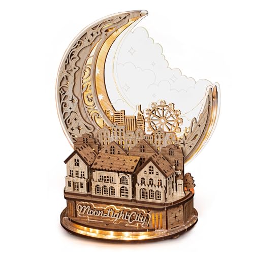 FUNPOLA 3D DIY Puzzle Moon City Model LED 3D Wood Puzzle 3D Wooden Puzzles for Adults Home Dcor Gifts for Kids and Adults White - Image 1