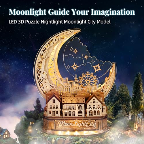 FUNPOLA 3D DIY Puzzle Moon City Model LED 3D Wood Puzzle 3D Wooden Puzzles for Adults Home Dcor Gifts for Kids and Adults White - Image 5